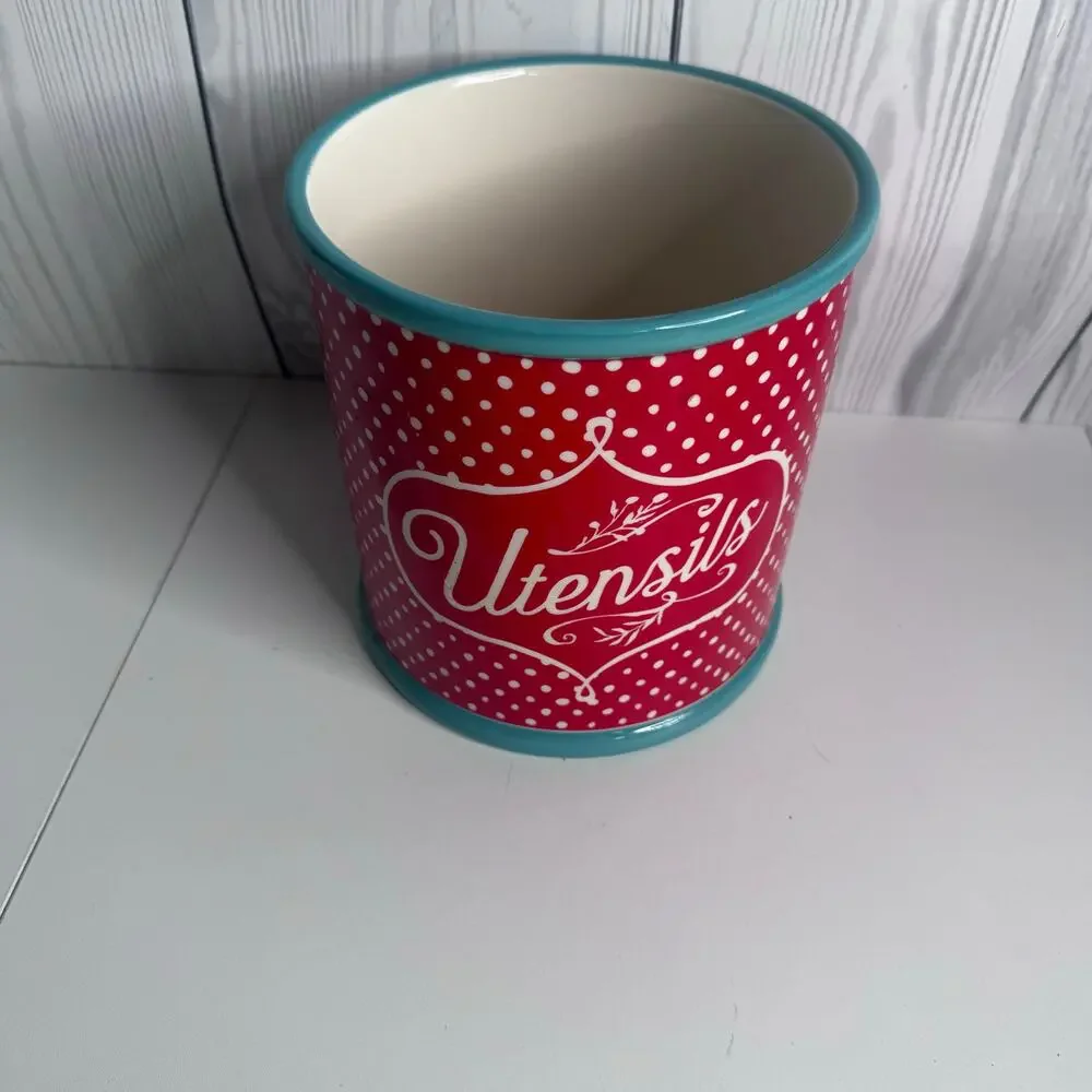 Pioneer Woman Polka Dot Utensil Crock Red Teal Utensil Holder Stoneware